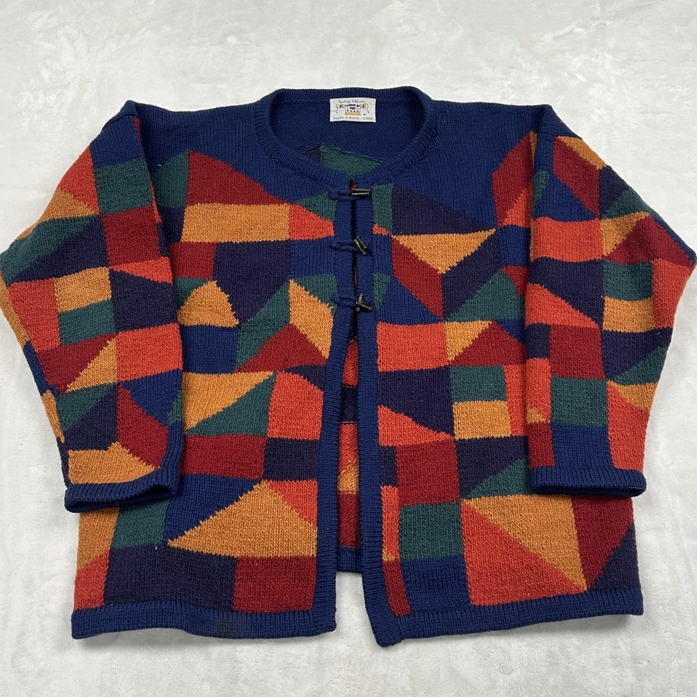 Manos de Valdivia Cardigan Womens L Multi Geometric Toggle Handmade Chile